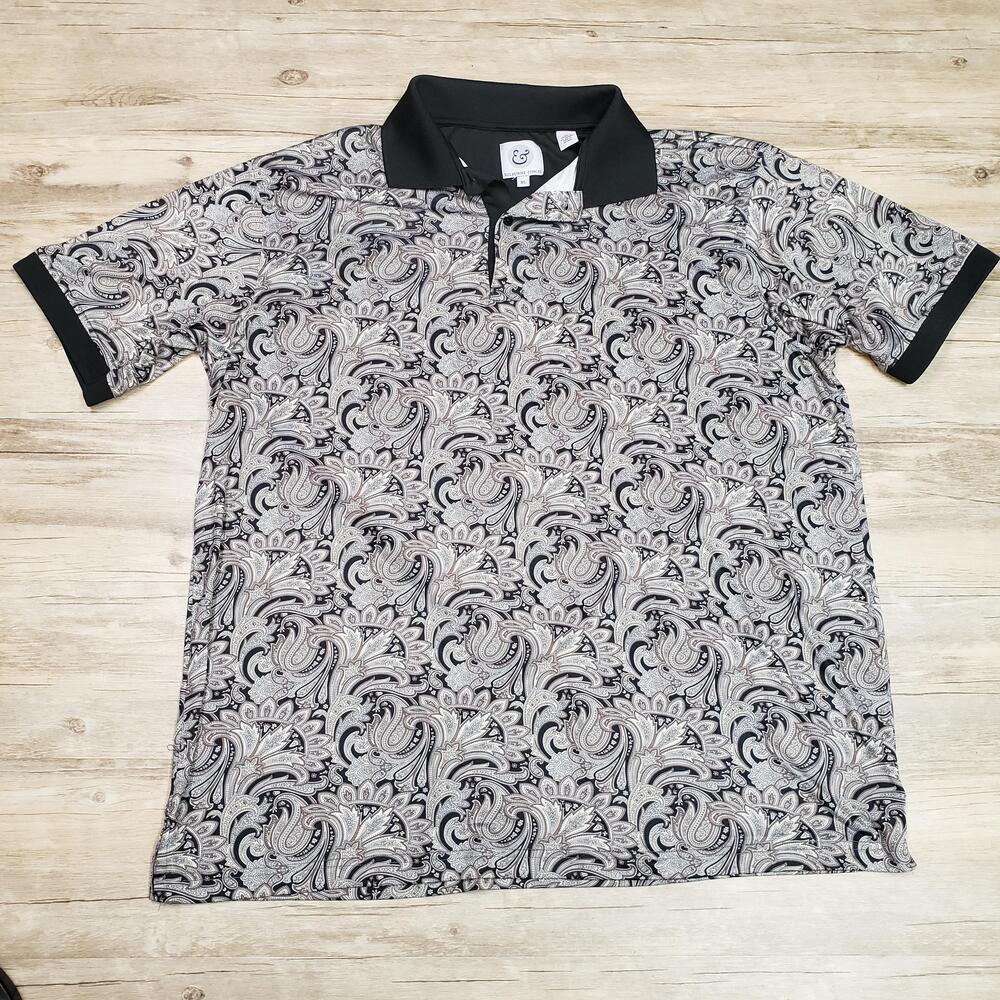 Kilburne Finch Polo Shirt Mens XL Black Paisley Pattern Stretch Golf Casual